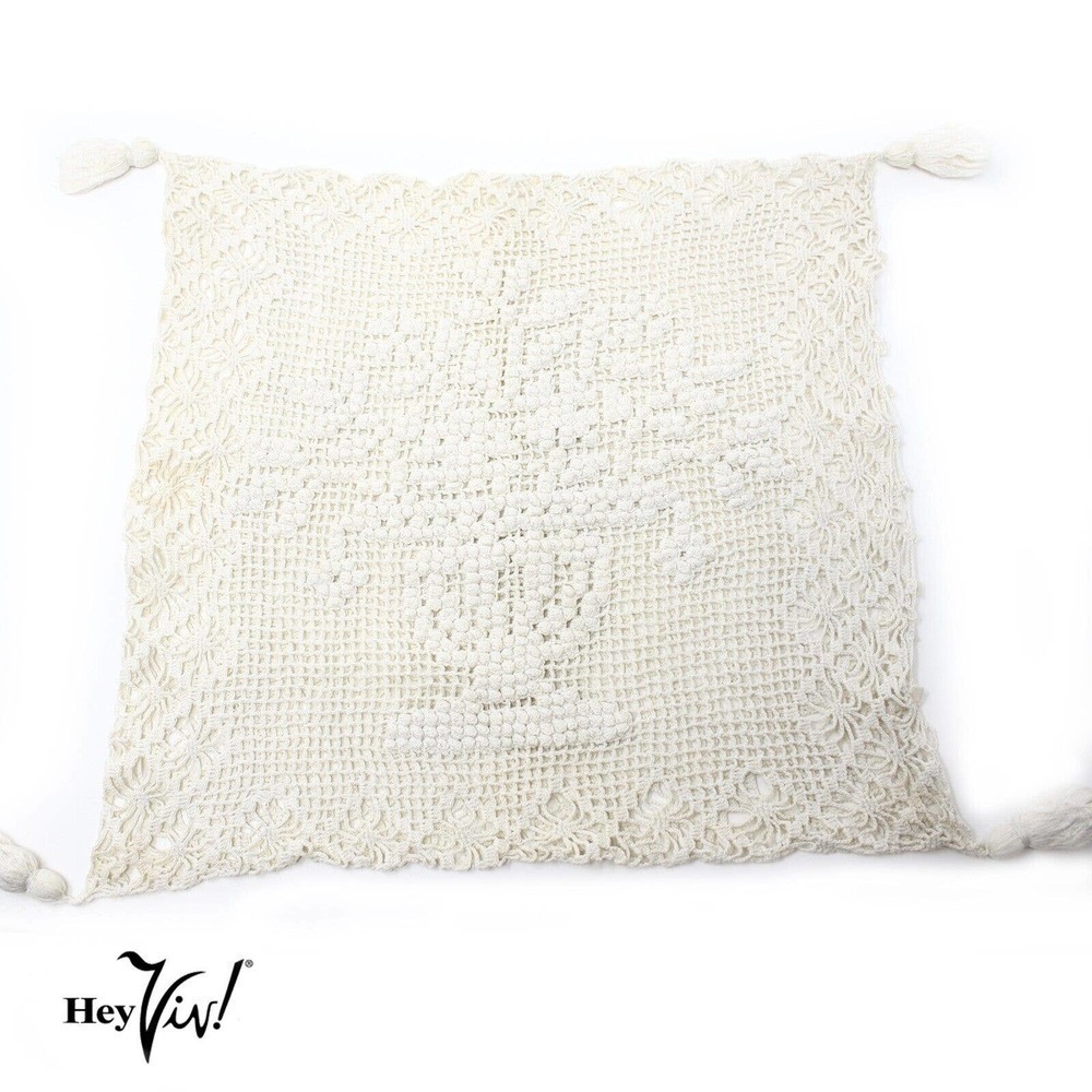 Vintage Cotton Hand Crochet Pillow Case Tassels & MOP Buttons 12x12"  - Hey Viv